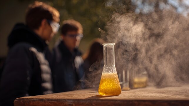 Students observe a science experiment with a steaming flask outdoors under bright sunlight