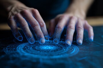 Hand sweeping across a glowing transparent touchscreen displaying layered technical schematics.