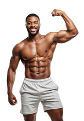 Fototapeta premium A muscular african american man flexing his bicep demonstrating physique and strength isolated on transparent background