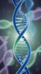 Vibrant Blue and Green DNA Double Helix Structure in a Scientific Background.