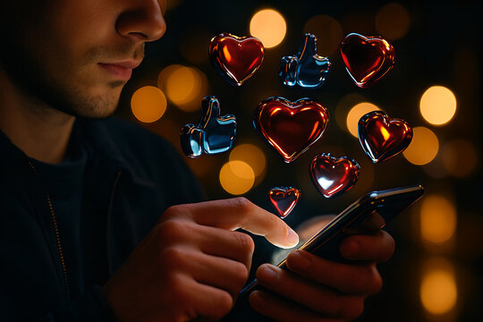 Social Media Engagement with Floating Heart and Like Icons