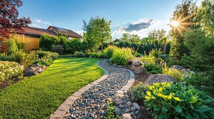Obraz premium A serene garden with a winding stone path, lush green grass, and various plants and trees under a clear blue sky with a sunburst.