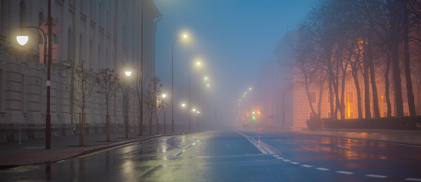 Foggy night city of Minsk