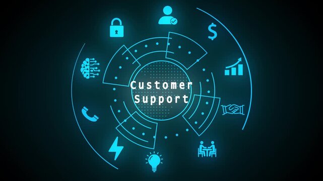 Customer Support concept with digital interface and icons Keywords: customer support, service, help, assistance, customer, client, user, business, technology, concept, digital, interface, icons