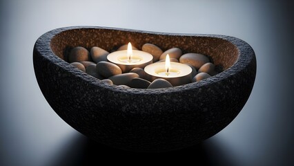 Two tea light candles in stone bowl with river rocks for relaxation