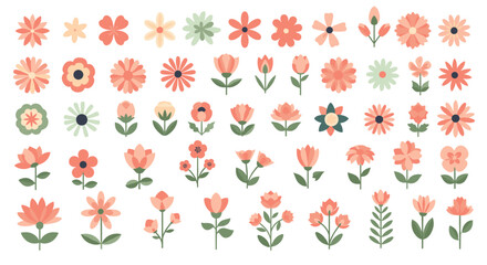 A delightful collection of stylized flat-design flowers in a warm pastel palette, perfect for spring and summer themes.