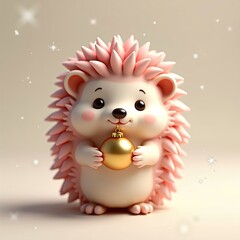 Adorable pink hedgehog character holding a golden Christmas bauble, surrounded by sparkling snowflakes, a whimsical and festive illustration perfect for holiday celebrations and cute animal themes