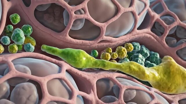 Microscopic View Of Biological Cells And Bacteria Structures Illuminated With Soft Lighting Revealing Pink Tissues And Spherical Organisms