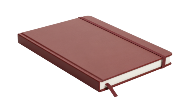 A closed, rectangular, maroon-colored notebook with an elastic band and a ribbon bookmark.