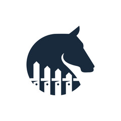 Creative logo design featuring a horse head silhouette with a negative space picket fence, symbolizing equestrian life and ranch security