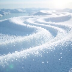 Captivating winter wonderland scene showcasing pristine, glistening snow dunes under a soft sunlight, with sparkling ice particles creating a magical, serene cold landscape effect