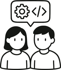 Two people discussing software development with a gear and code icon