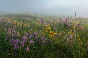 Colorful Wildflower Meadow In Mist