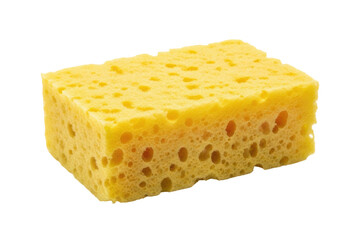 Close-up shot of a yellow rectangular sponge with many holes, isolated on white.