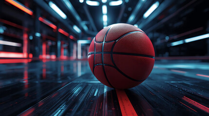 Basketball close up on futuristic tech floor