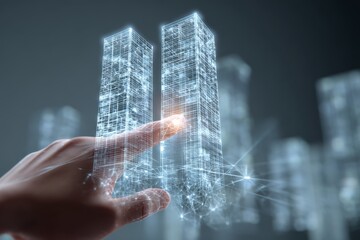 Hand touching hovering holographic twin skyscrapers in a futuristic cityscape interface.