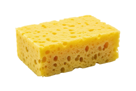 Close-up shot of a yellow rectangular sponge with many holes, isolated on white.