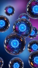 Vibrant Microscopic Cells with Glowing Nuclei in a Futuristic Biological Setting.