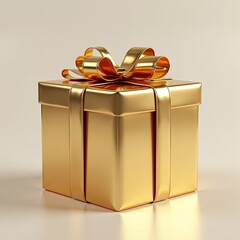 Luxurious metallic gold gift box elegantly wrapped with a shimmering ribbon and bow, symbolizing celebration, generosity, and festive occasions, perfect for holidays and special events