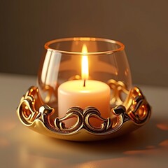 Elegant gold-plated ornate candle holder featuring a lit white candle, casting a warm, inviting glow on a reflective surface, perfect for festive occasions and creating a cozy ambiance