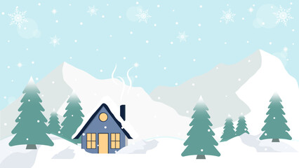 Simple Cabin In The Middle Of Pine Forest And Mountains With A Clear Sky Background And Sparkling Snowflakes Falling In Winter