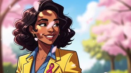 A woman with a pink ribbon on her jacket smiles in a park with cherry blossoms.