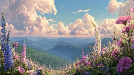 Colorful Mountain Valley With Blooming Flowers