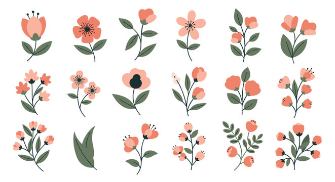 A delightful collection of sweet, hand-drawn floral illustrations featuring various pink and coral flowers with green leaves, perfect for spring and decorative designs.