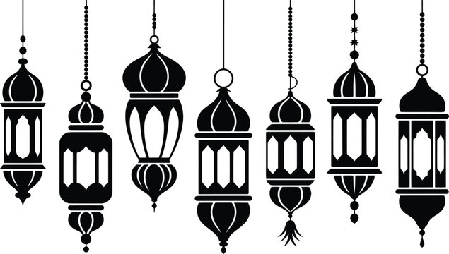 Elegant collection of hanging ramadan lanterns in black silhouette perfect for islamic celebrations eid mubarak and cultural designs with traditional arabic aesthetics