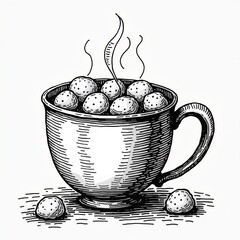 Vintage illustration of a steaming cup filled with delicious, fluffy dumplings, evoking cozy winter vibes and a touch of nostalgia for classic Christmas traditions