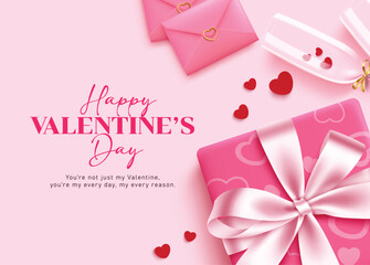 Happy Valentine's day greeting card clipart design. Valentine's card with message, pink gift box, envelope and wine glass elements clip art for romantic holiday poster template vector illustration.
