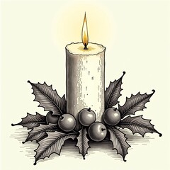 Elegant Vintage Christmas Candle A Warm, Timeless Glow Surrounded by Holly and Berries, Perfect for Festive Holiday Decor and Nostalgic Designs