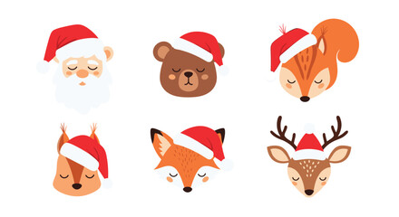 A charming set of cartoon Christmas characters, including Santa Claus and various forest animals, each adorned with a cheerful Santa hat.