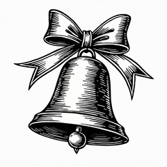 Elegantly Hand-Drawn Vintage Christmas Bell with Festive Ribbon Bow, a Classic Symbol of Holiday Celebration and Traditional Seasonal Joy in an Engraved Style Artwork