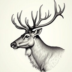 Majestic Reindeer Portrait A Detailed Black and White Illustration Capturing the Noble Head of a Stag with Grand Antlers, Evoking a Sense of Winter Wonder and Wilderness Charm in a Classic Style