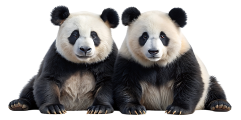 Two adorable giant pandas sitting side by side and looking directly at the viewer.