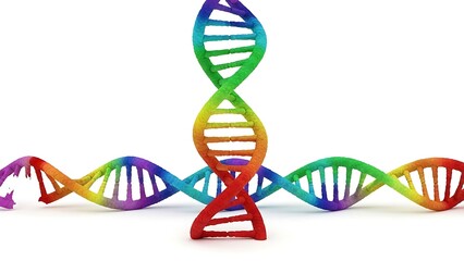 Vibrant rainbow DNA strand representing genetic diversity and science.