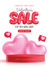 Valentine's day sale podium clipart poster design. Valentine's day special offer shopping discount in red podium clip art with pink heart background holiday promotion advertisement banner template 