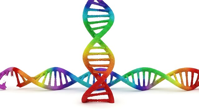Vibrant rainbow DNA strand representing genetic diversity and science.