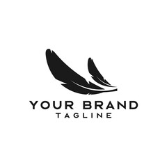 Two elegant black bird feathers floating gently, creating a sophisticated and minimalist logo symbol for a brand, isolated on a white background