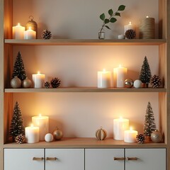 Cozy Christmas decorations on shelves with candles, pinecones, and festive ornaments creating a warm and inviting atmosphere, perfect for holiday home decor inspiration and winter ambiance