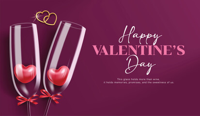Happy valentine's day greeting card clipart design. Wine glass for sweet couple dinner party with red heart and message Valentine's day purple banner card template vector illustration.
