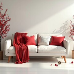 Festive Minimalist Home Cozy White Couch with Red Holiday Accents and Decorative Twigs in a Bright, Modern Room