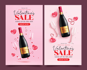 Valentine's day sale clipart poster set. Valentine's day special offer shopping discount clip art with champagne, wine glass and hearts decoration for February promo advertisement banner design 