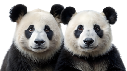Close-up portrait of two adorable giant panda bears, their iconic black and white markings and gentle eyes front and center, isolated on a clean background