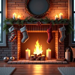Cozy Christmas fireplace scene with stockings, candles, and festive decorations, creating a warm and inviting holiday atmosphere for winter celebrations and seasonal joy