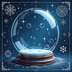 Enchanting Winter Detailed Snow Globe Illustration with Intricate Snowflake Designs and Sparkling Starry Night Background in Dark Blue