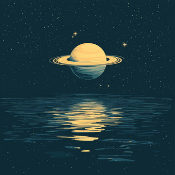 Saturn reflecting on water, vector style simple color