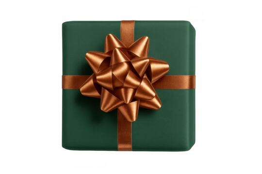 Green gift box with gold bow on transparent background - Powered by Adobe