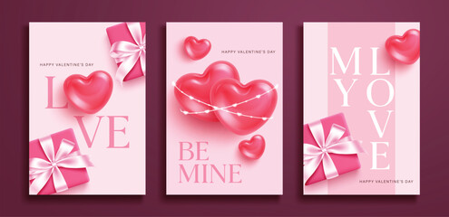 Valentine's card greeting clipart poster set. Love, Be mine and My love text with red heart and gift box elements clip art for Valentine's day greeting card poster template collection pink background 